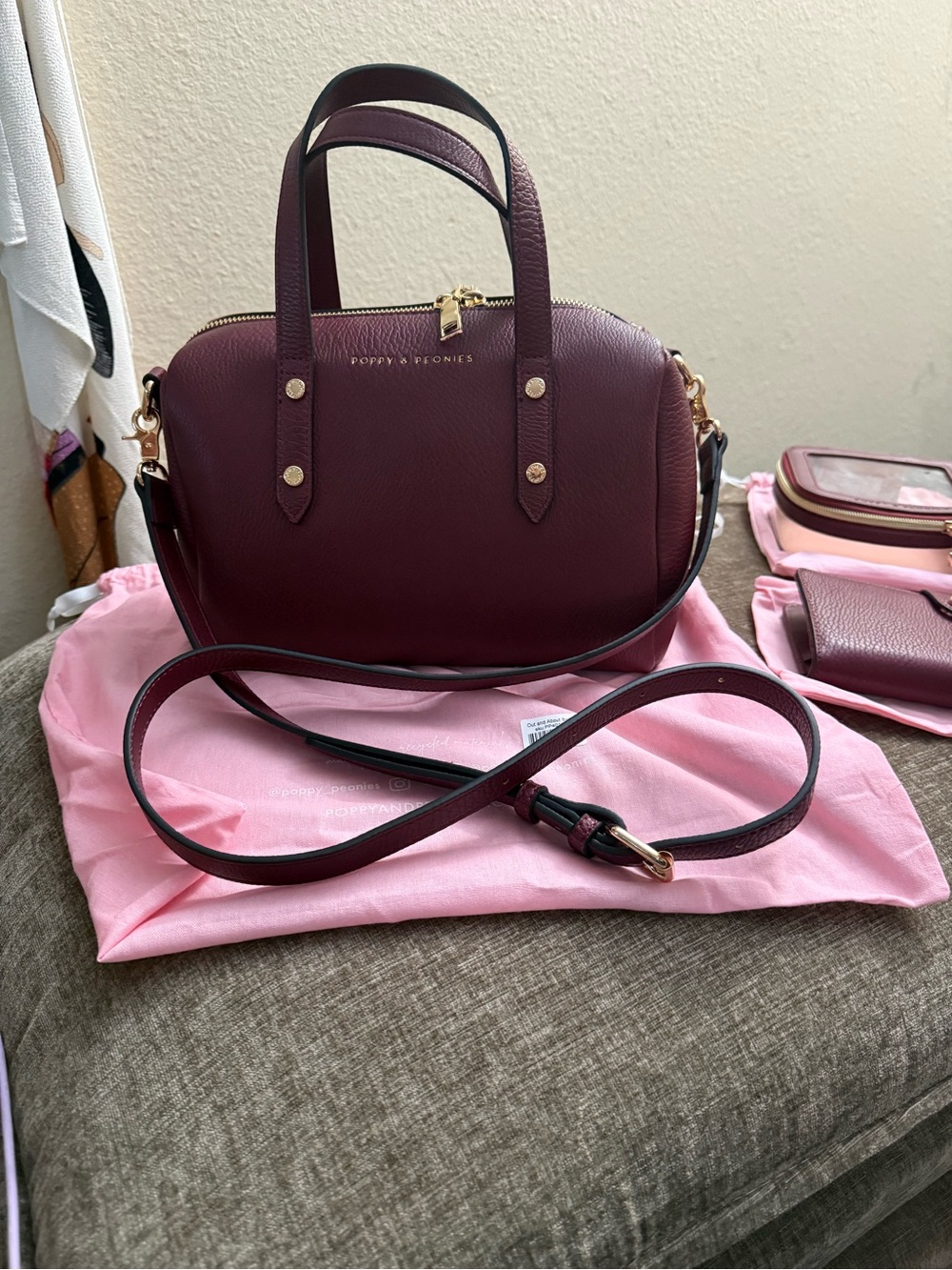Poppy & Peonies Berry satchel w/matching wallet & mini cosmetic case